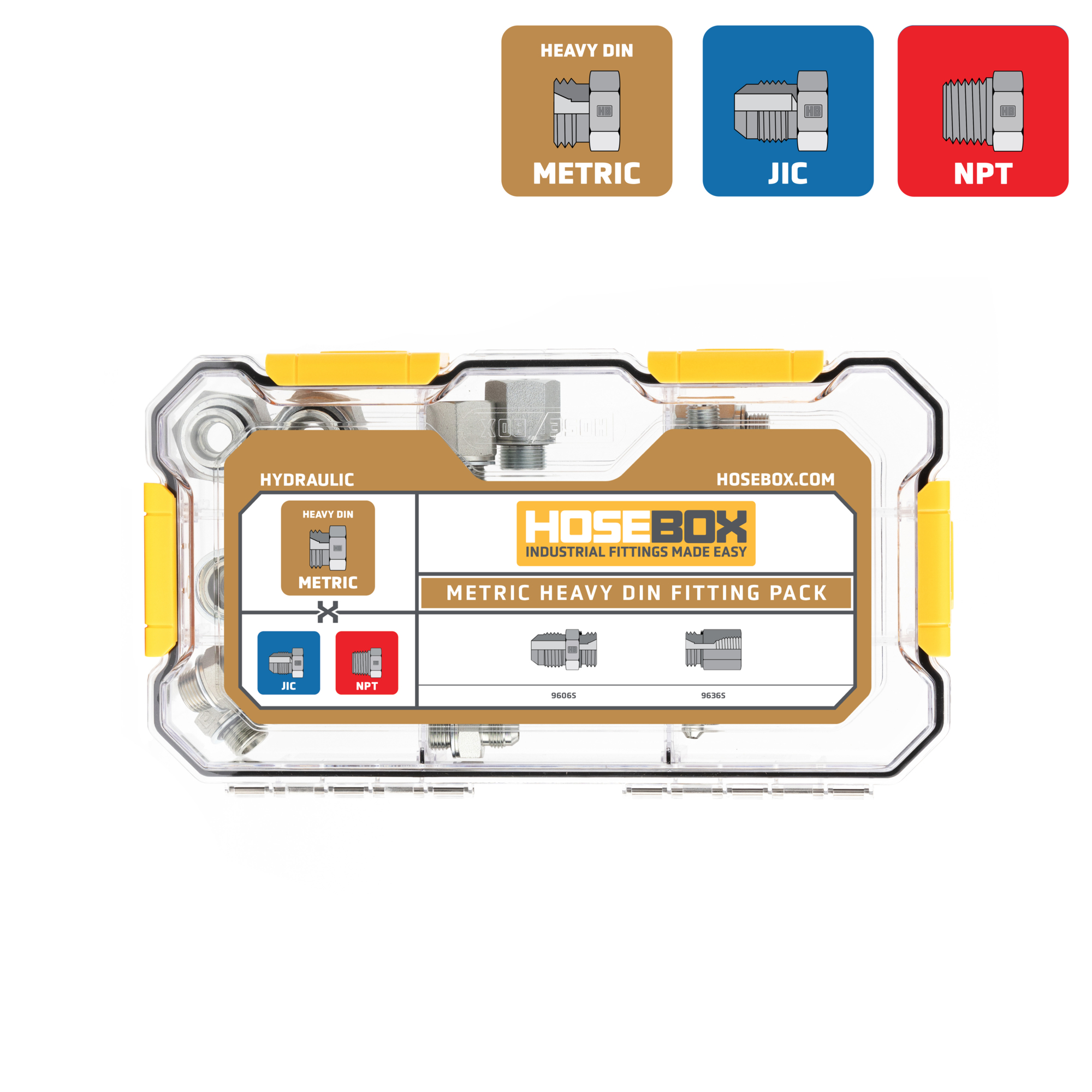 HoseBox, METRIC HEAVY DIN-JIC-NPT KIT - 18 Adapters, Fitting Size Other in, Model# HB2025-003